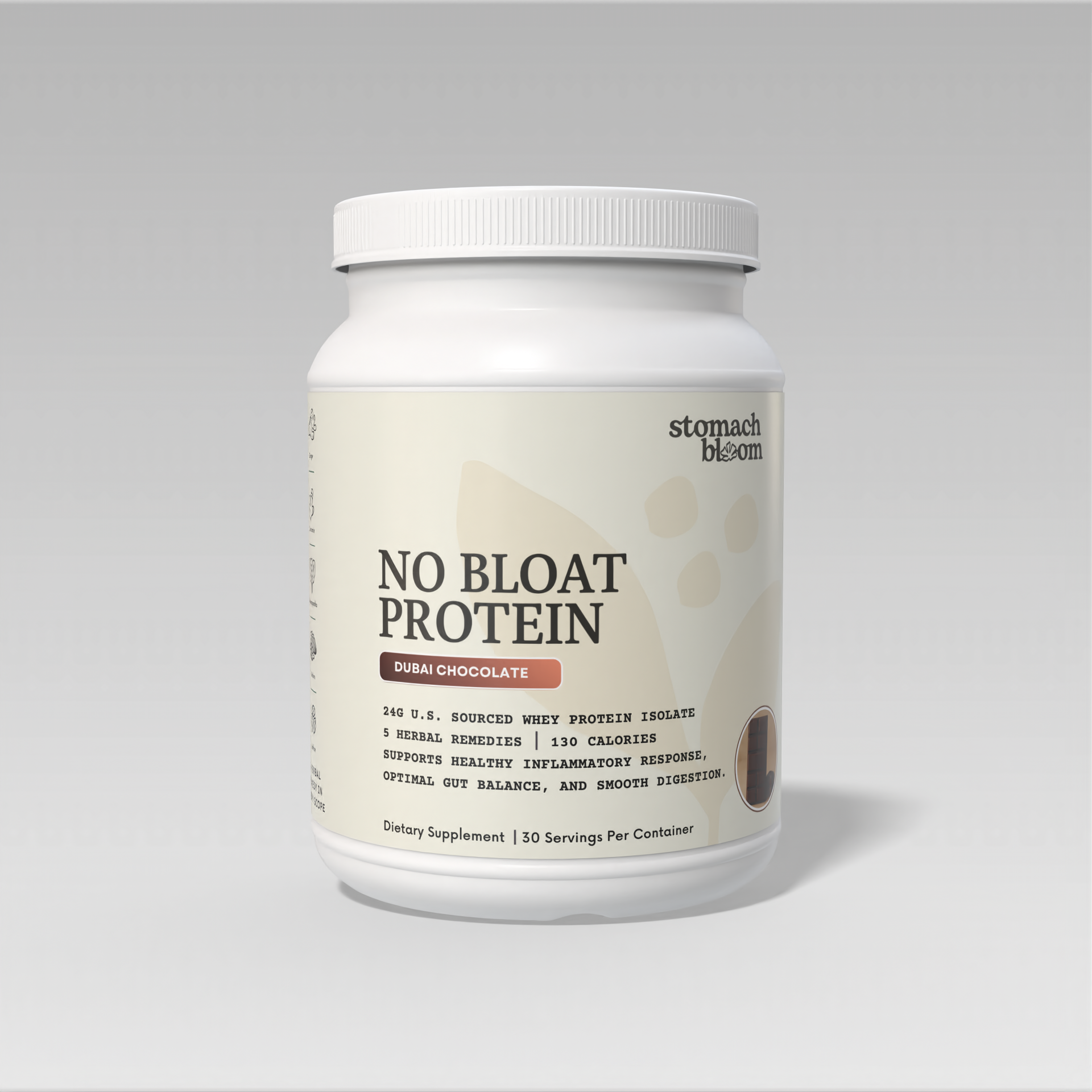 No Bloat Protein Powder for Digestive Health – 24g Grass Fed Whey Isolate with 5 Herbs – Natural Dubai Chocolate Flavor