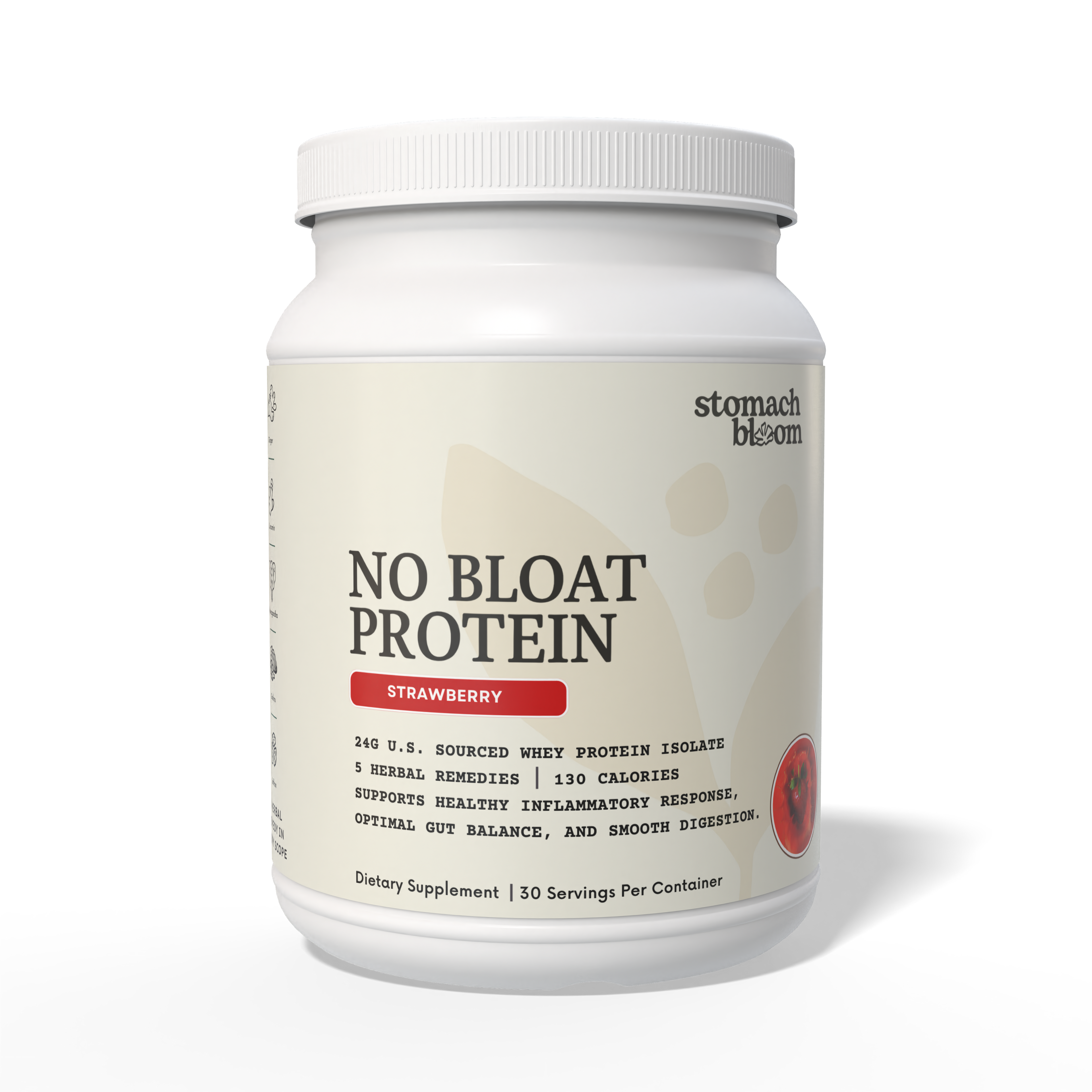 NO BLOAT Protein Powder – 24g Grass Fed Whey Isolate with 5 Herbs for Digestive Health – Natural Strawberry Flavor